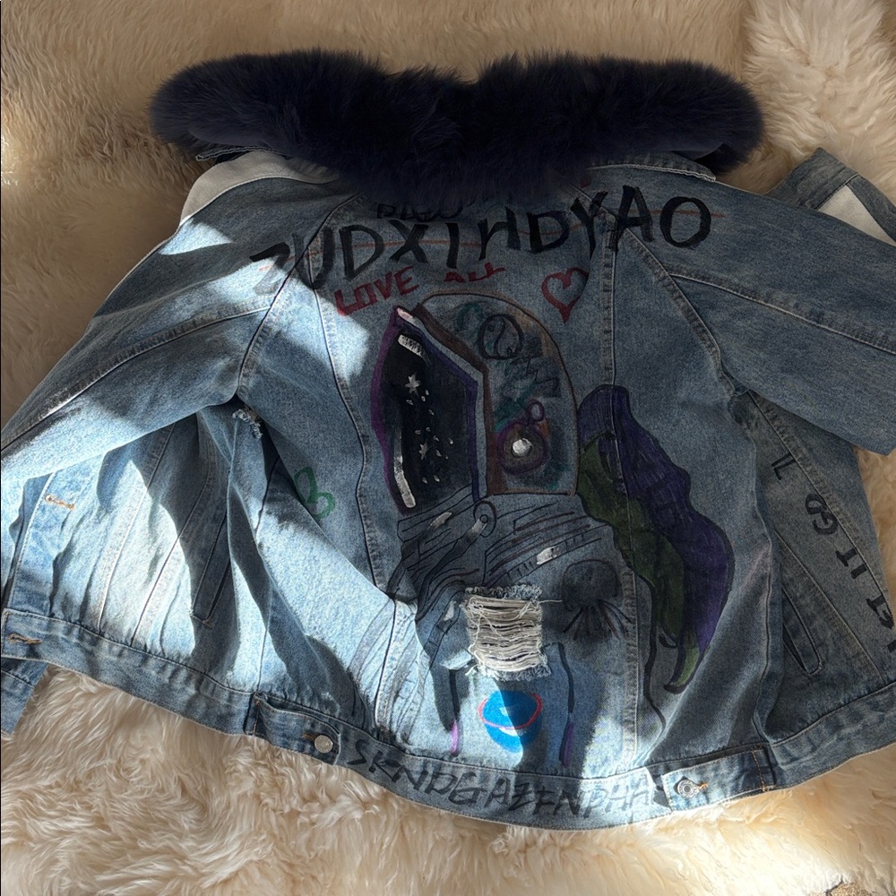 DistressedDenim Jacket with Rabbit Fur lining and collar